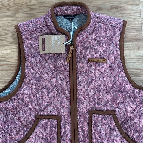 Simply Southern Women's Pink Brown Trimmed Outerwear Vest Small New Puffer - Picture 3 of 7